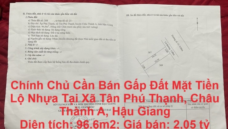 Chính Chủ Cần Bán Gấp Đất Mặt Tiền Lộ Nhựa Tại Xã Tân Phú Thạnh, Châu Thành A, Hậu Giang